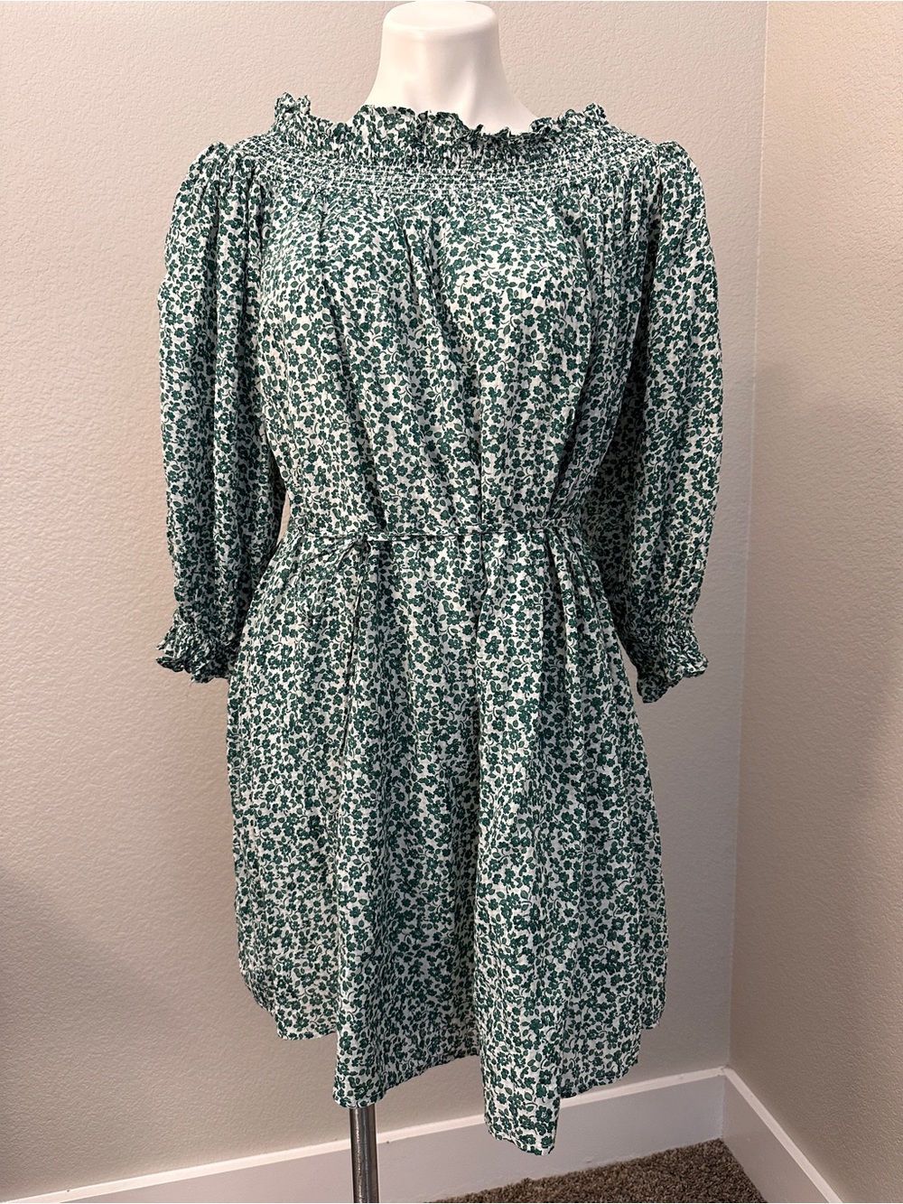 LOFT Green Floral Smocked Neck Long-Sleeve Dress